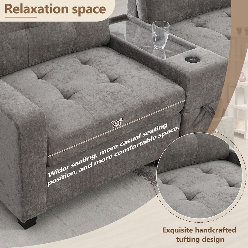 U Shaped Sectional Couch Set w/ USB Charger, Storage Drawers & Pockets