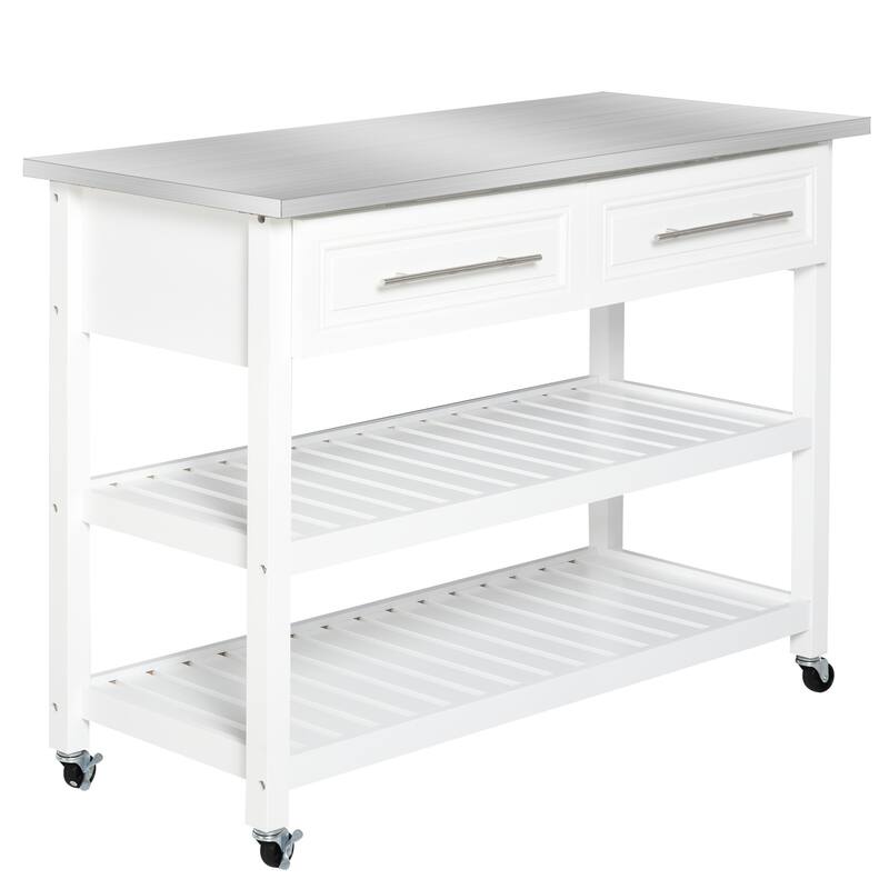 Kitchen Island with Stainless Steel Top, Open Shelves, and Drawers, Gray