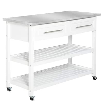 Kitchen Island with Stainless Steel Top, Traditional Kitchen Island with Storage, 2-Tier Open Shelves, Drawers