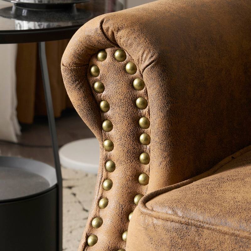 Stamped Fabric Back Chair, Single Upholstered Chair with Brass Nail Trim, Living Room Bedroom Club Cafe Back Armchair