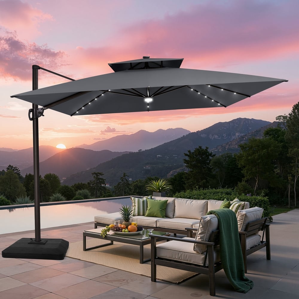 Outdoor Solar-Powered LED Light 11 FT Aluminum Cantilever Umbrella with Double Top and Base