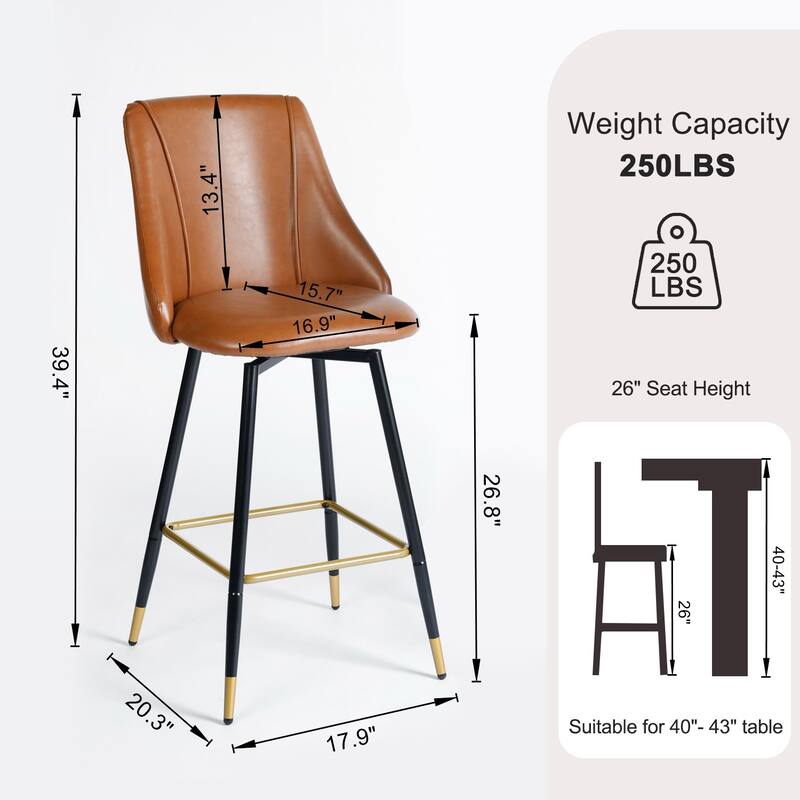 Homy Casa Set of 2 Faux Leather Counter Stools with Backrest and Gold-Tipped Metal Legs-Ideal for Modern Kitchens and Home Bars