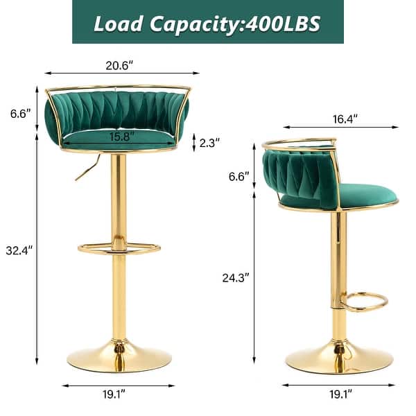 dimension image slide 20 of 24, Modern Velvet Adjustable Swivel Bar Stools Set of 2