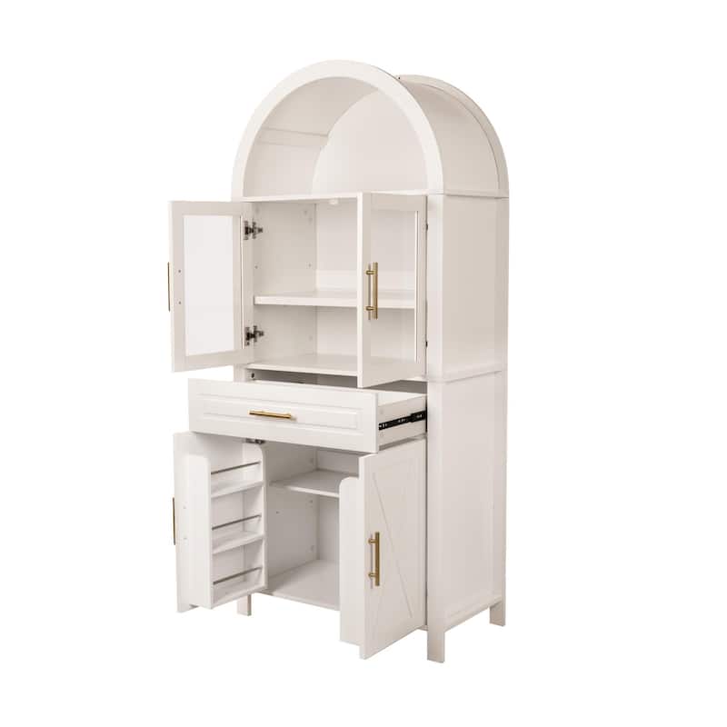 Arched Kitchen Pantry Cabinet with Glass Door, Farmhouse 71" Storage Cabinet with Adjustable Shelves & Barn Door Design