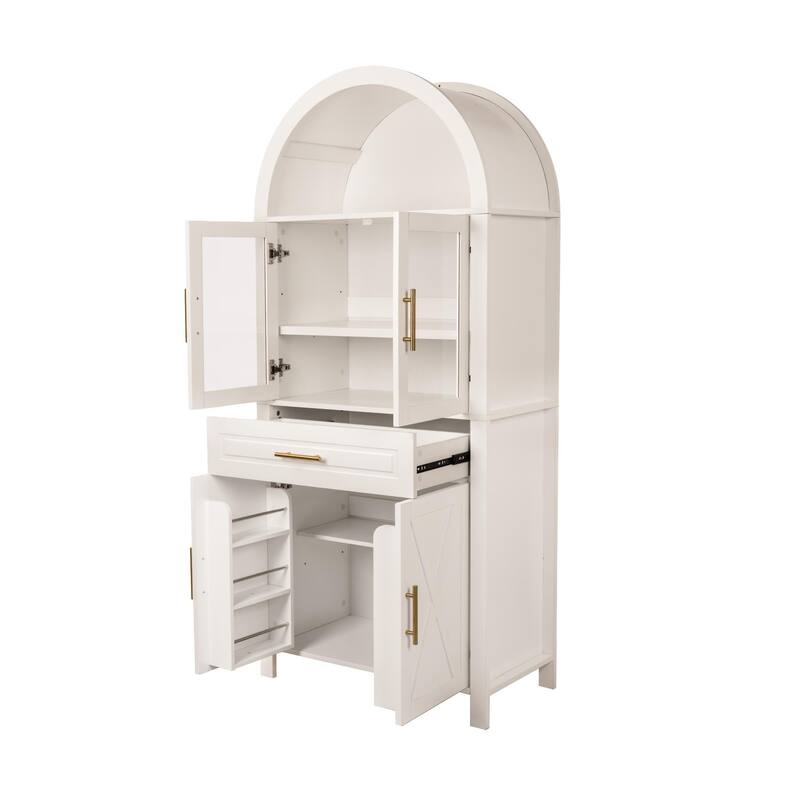 Roomfitters 71" Tall Arched Farmhouse Pantry Cabinet with Glass Barn Doors & Pull-Out Drawer