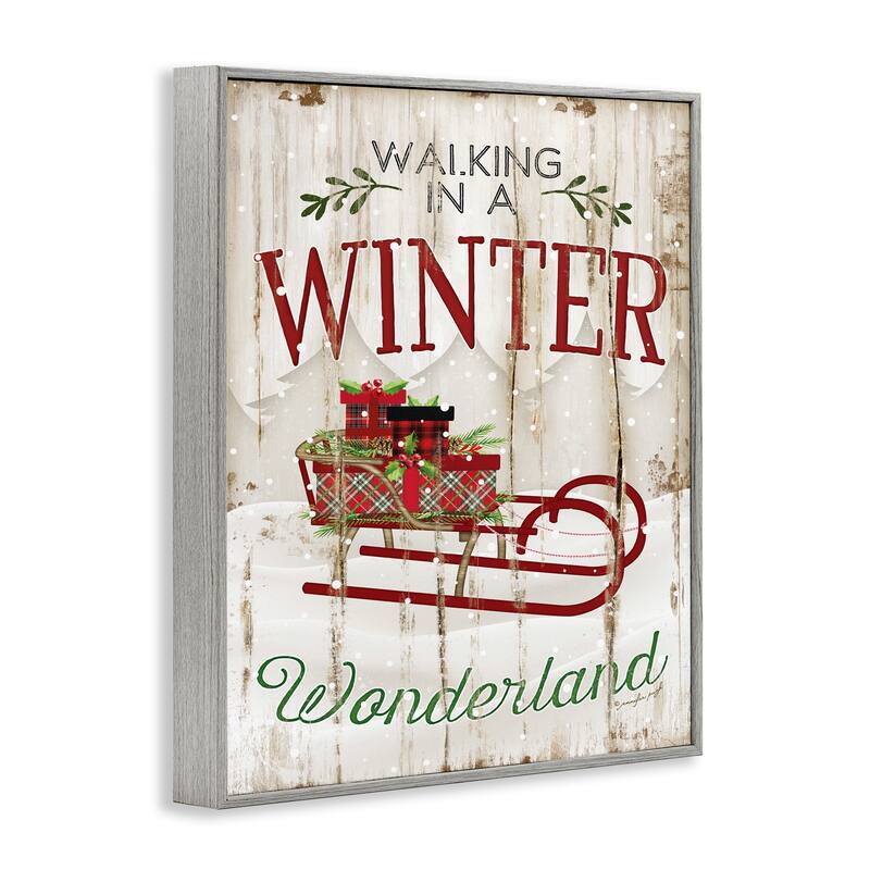 Stupell Winter Wonderland Red Sleigh Wood Texture Christmas Word Design Framed Wall Art, Proudly Made in USA