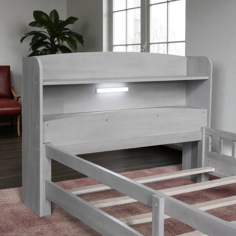 Twin/Full Size Wood Platform Bed with LED Light, Storage Headboard and Guardrail, No Box Spring Needed