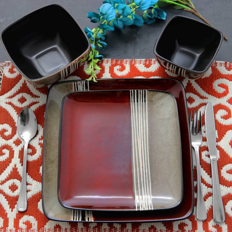 16 Piece Dinnerware Set Maroon and Beige Stripe