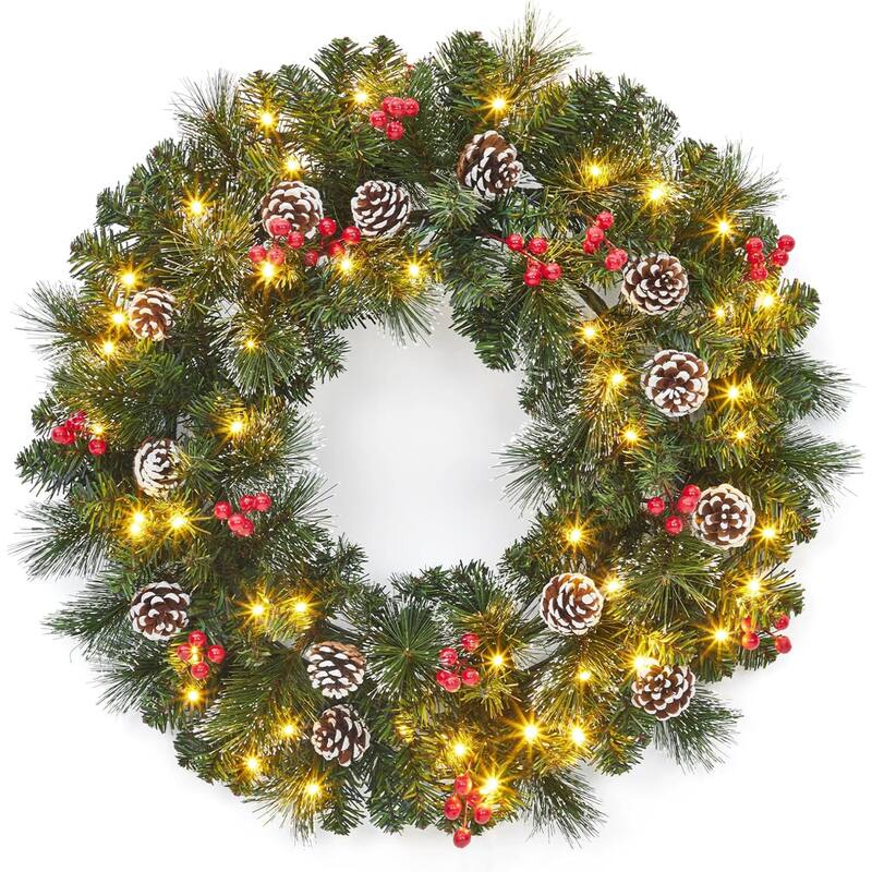 24 Inch Prelit Christmas Wreath for Front Door with Pine Cones - Green