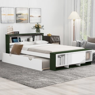 Full Size Platform Bed with Trundle and USB Charging, Wooden Kids Bed Frame with Storage Headboard and Footboard, White+Green