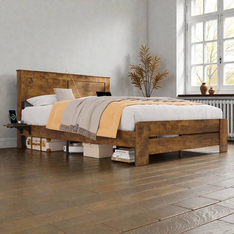 Farmhouse Wood Platform Bed Frame with Storage Headboard, LED Lights and Charging Station, Rustic Brown Bed