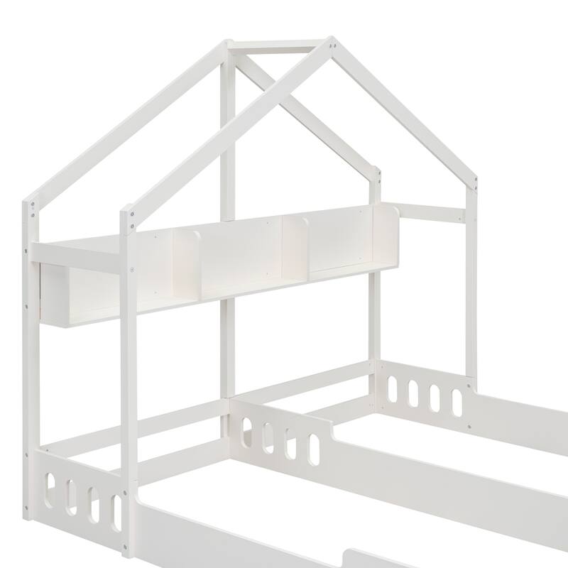 Roomfitters Wood Twin Size House Platform Beds with Two Shared Frames, Shelves and Guardrail, White