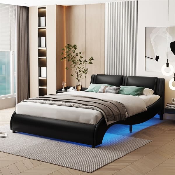slide 2 of 27, Merax Upholstered Faux Leather Platform Bed with LED Light Black - Full