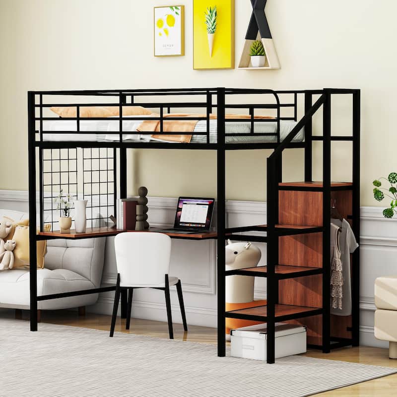 Metal Loft Bed with Desk ,Storage Ladder & Wardrobe - Black - Twin