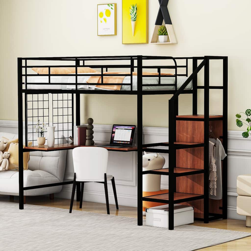Twin Metal Loft Bed with Desk, Wardrobe, and Storage Ladder, Black