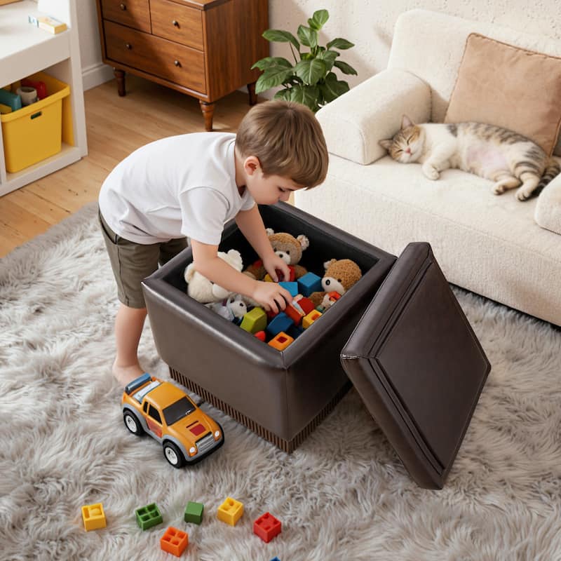 Swivel Storage Ottoman Bench Footstool with Flip-top and Acacia Frame