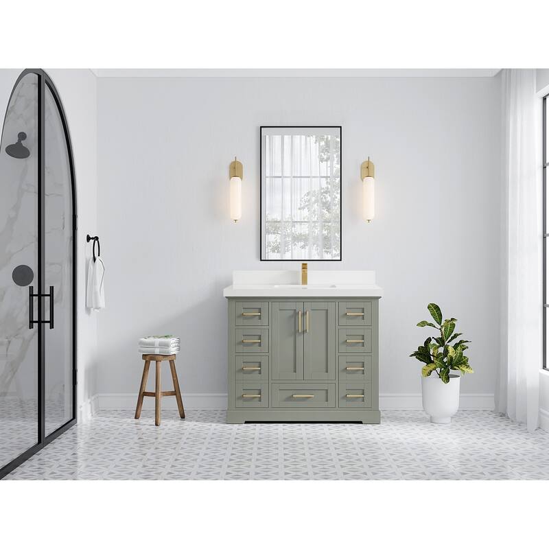 Willow Collection 42 in W x 22 in D x 36 in H Boston Single Bowl Sink Bathroom Vanity with Countertop - 2"White Quartz - Evergreen