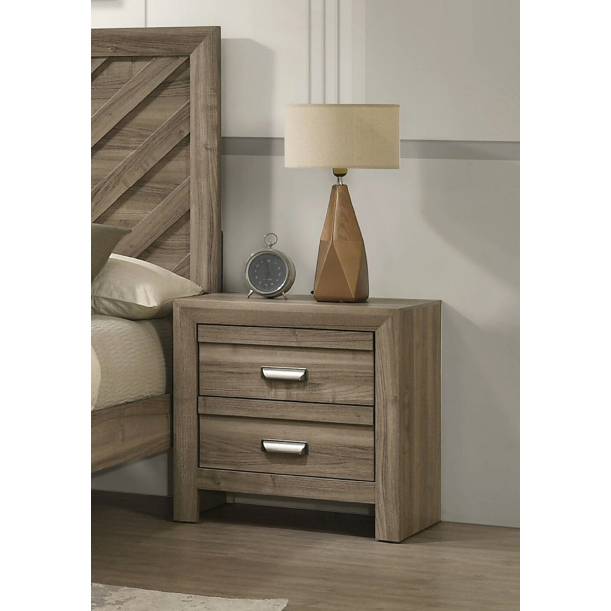 Contemporary Wooden Nightstand with Two Drawers, Light Brown Finish for Modern Bedrooms and Enhanced Storage
