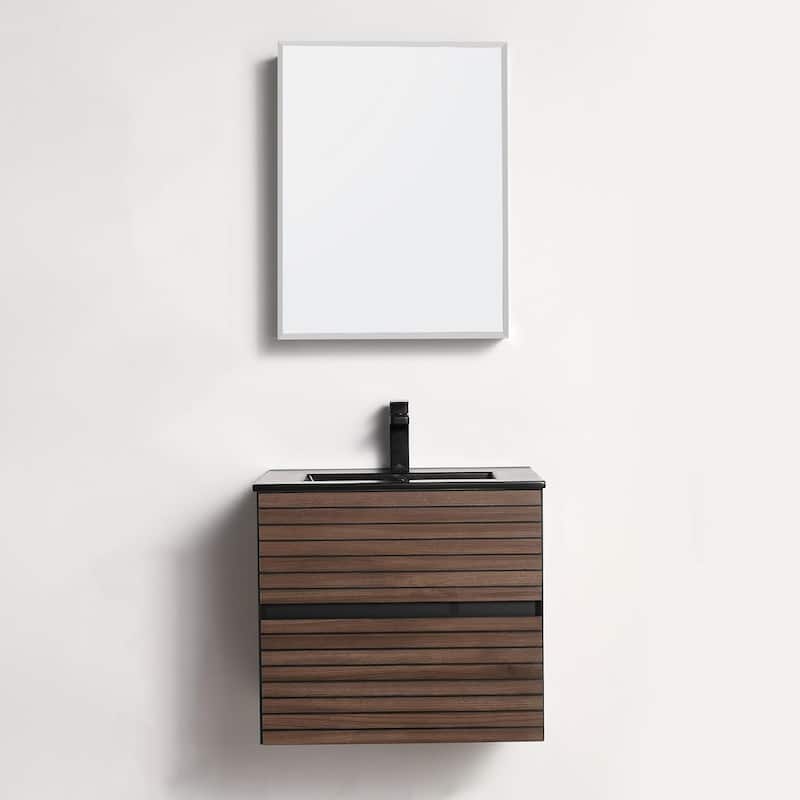 Blossom Annecy 24" Floating Bathroom Vanity with Black Ceramic Sink - Walnut Finish - Walnut Strip