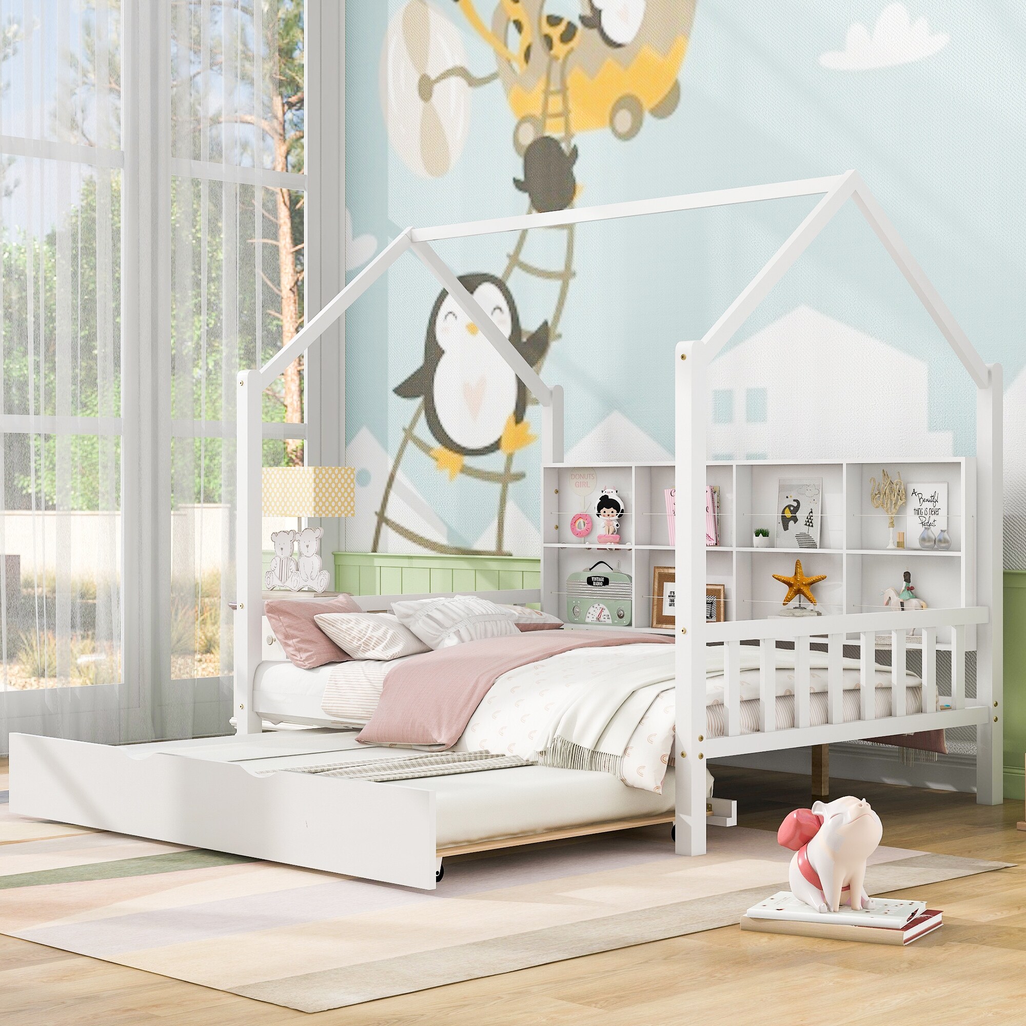 Wooden Full Size House Bed with Trundle Kids Bed with Shelf Bed