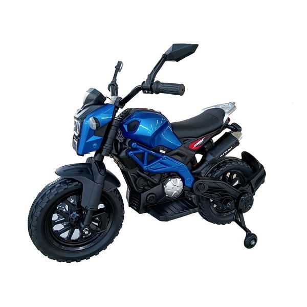 slide 2 of 8, Electric Motorcycle for Kids, kids ride on motorcycle, 12V Electric Dirt Bike with Training Wheels, Hand Racing Foot Brake Blue