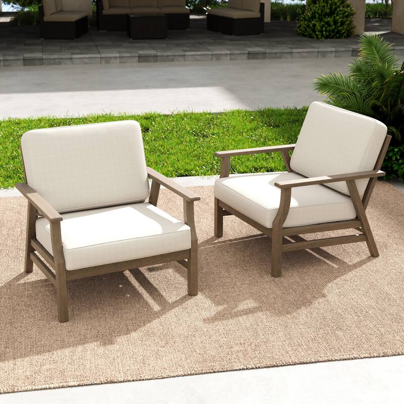 Outdoor Club Chair Patio Wood Arm Chair with Cushion Set of 2