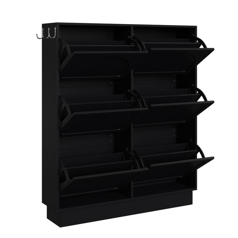 Narrow Flip Drawer Shoe Storage, Space Saving Entryway Organizer with Adjustable Shelf, Free-Standing Shoe Rack with 3 Hooks