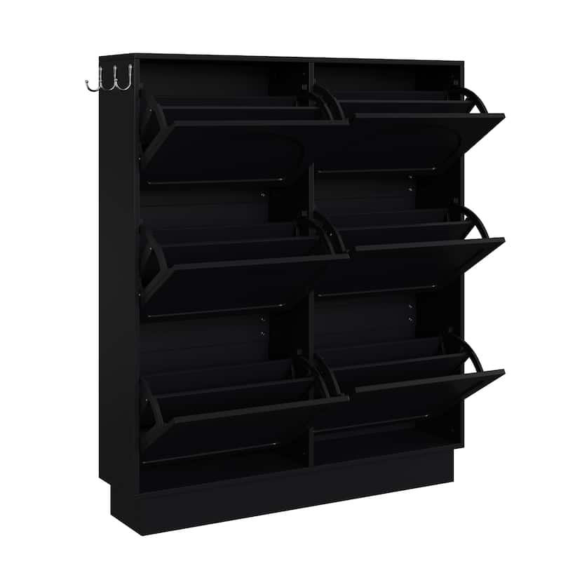 Narrow Shoe Cabinet with 6 Flip Drawers, Free-Standing Entryway Organizer, Shoe Rack with 3 Hooks & Adjustable Shelf