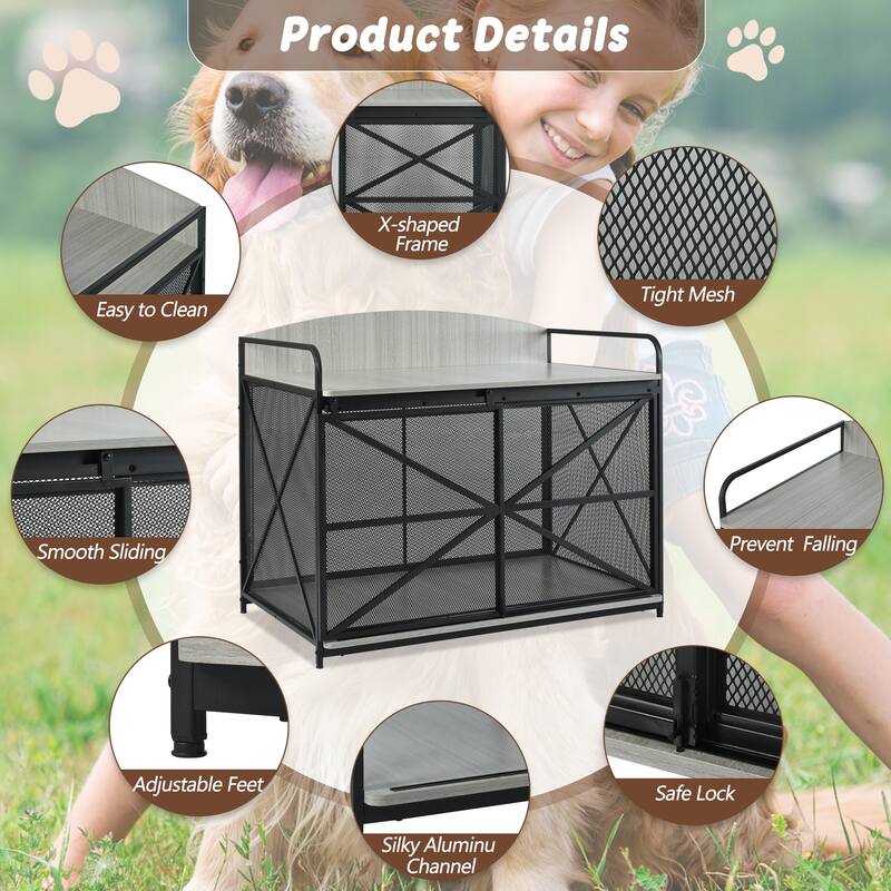 Wood Large Dog Crate Furniture with Curved Back Panel and Sliding Door, Dog Kennel Indoor End Table, Decorative Pet House