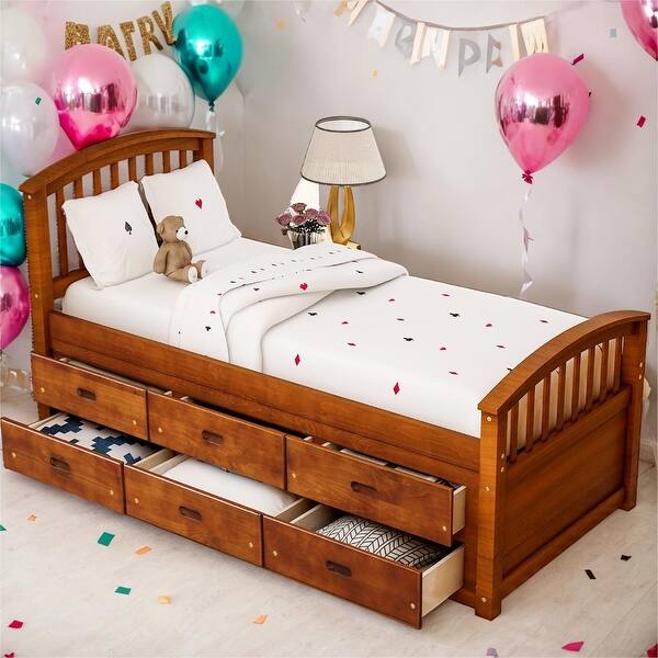 slide 2 of 47, Twin Size Platform Storage Bed Solid Wood Bed with 6 Drawers