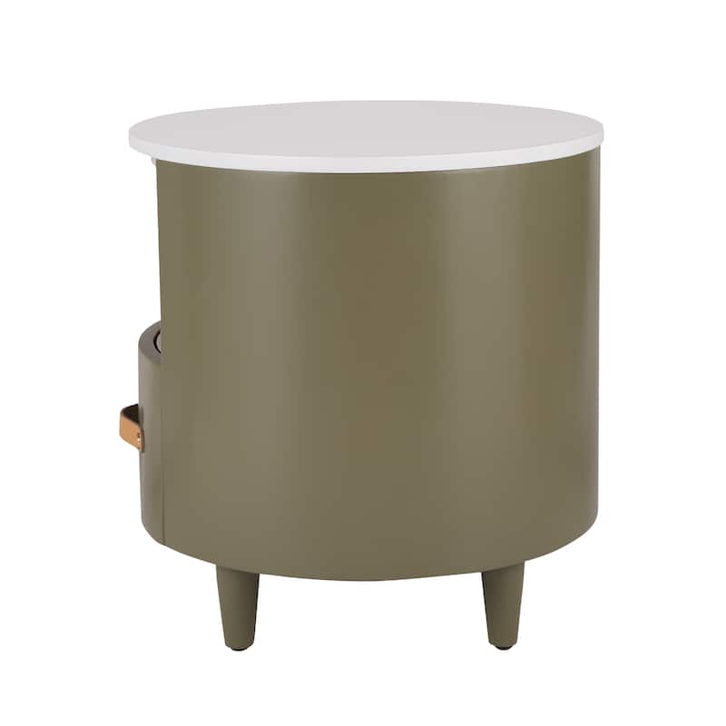 Round Nightstand with Drawer & Open Shelf, Nightstand with Leather Handle & Tapered Legs, Large Capacity Sofa Side Table