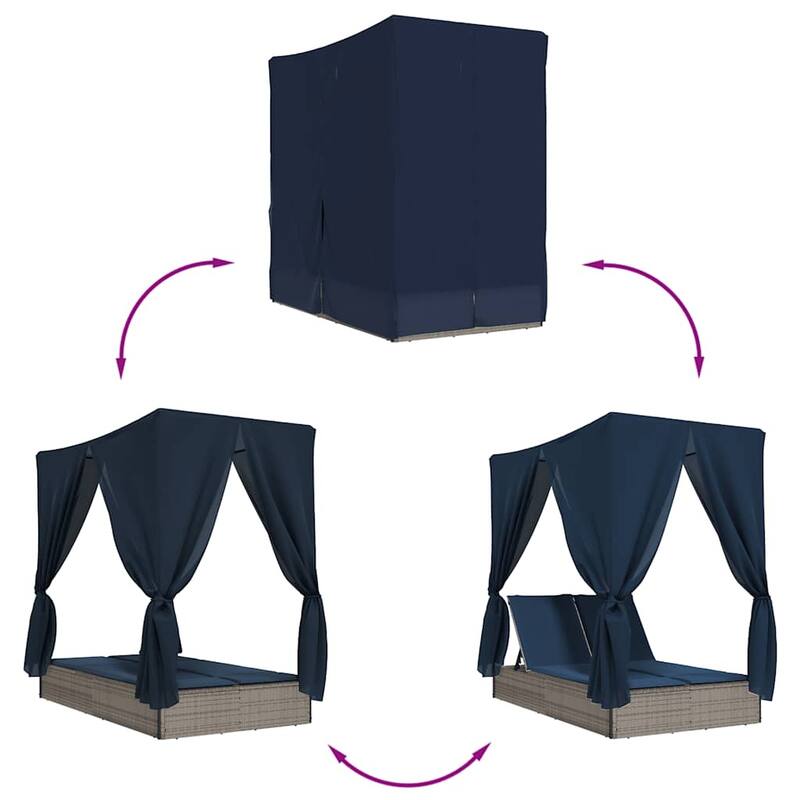 vidaXL Double Sun Lounger with Roof and Curtains Brown/Gray/Black Poly Rattan - 78.7" x 44.9" x 77.2"