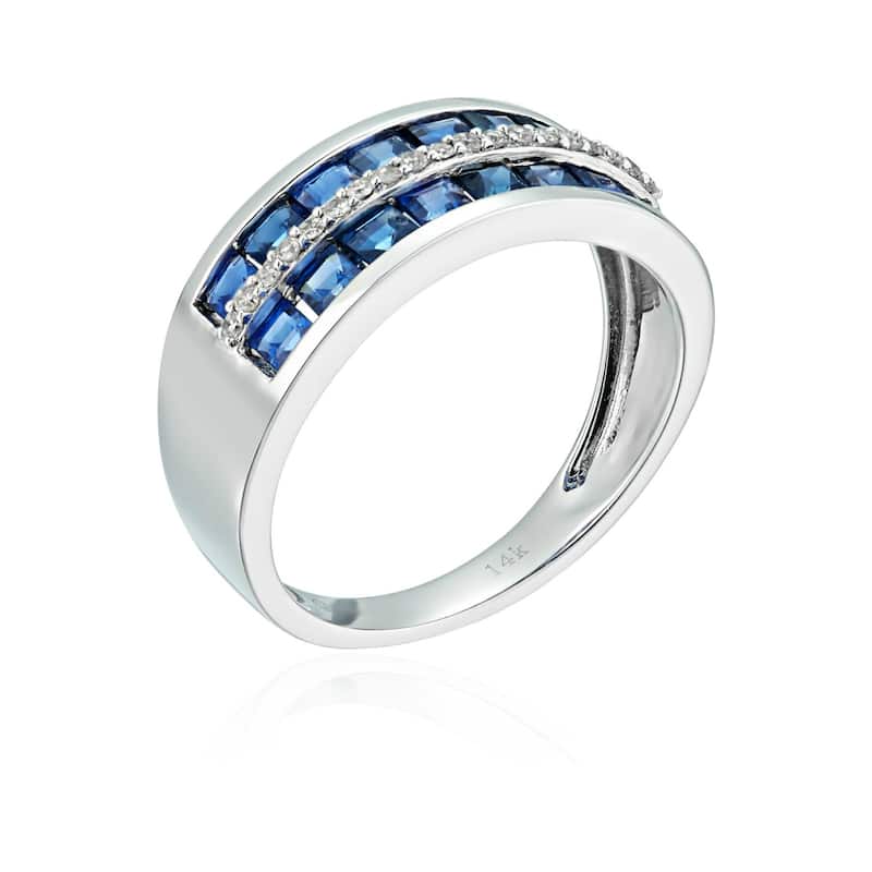 14k White Gold Blue Sapphire and Diamond Wedding Band