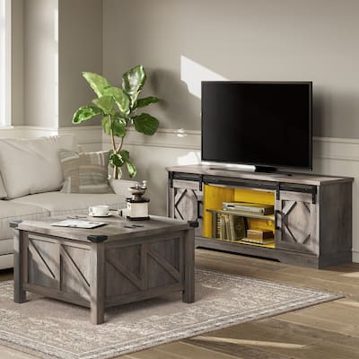WAMPAT Farmhouse Sliding Barn Door TV Stand and Coffee Table Set of 2