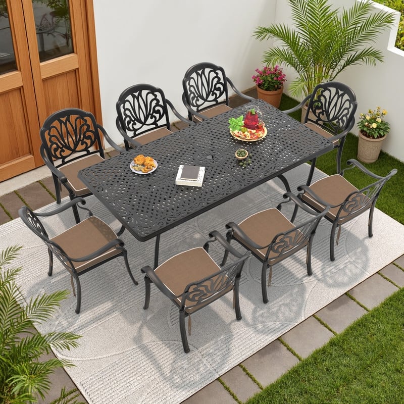 7/9-Piece Cast Aluminum Outdoor Dining Set with 82.68'' L X 41.34'' W Rectangular Table and Seat Cushions - Black(9-Piece Sets-A)