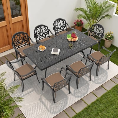 7/9-Piece Cast Aluminum Outdoor Dining Set with 82.68'' L X 41.34'' W Rectangular Table and Seat Cushions