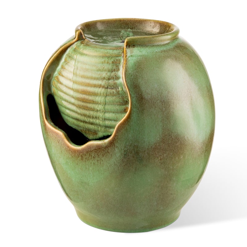 Glitzhome 9"H Leaf Textured Ceramic Jar Indoor Tabletop Water Fountain with LED Lights