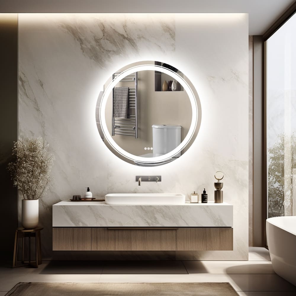 Large LED Bathroom Mirror Round Dual Light Frameless Vanity Anti-Fog
