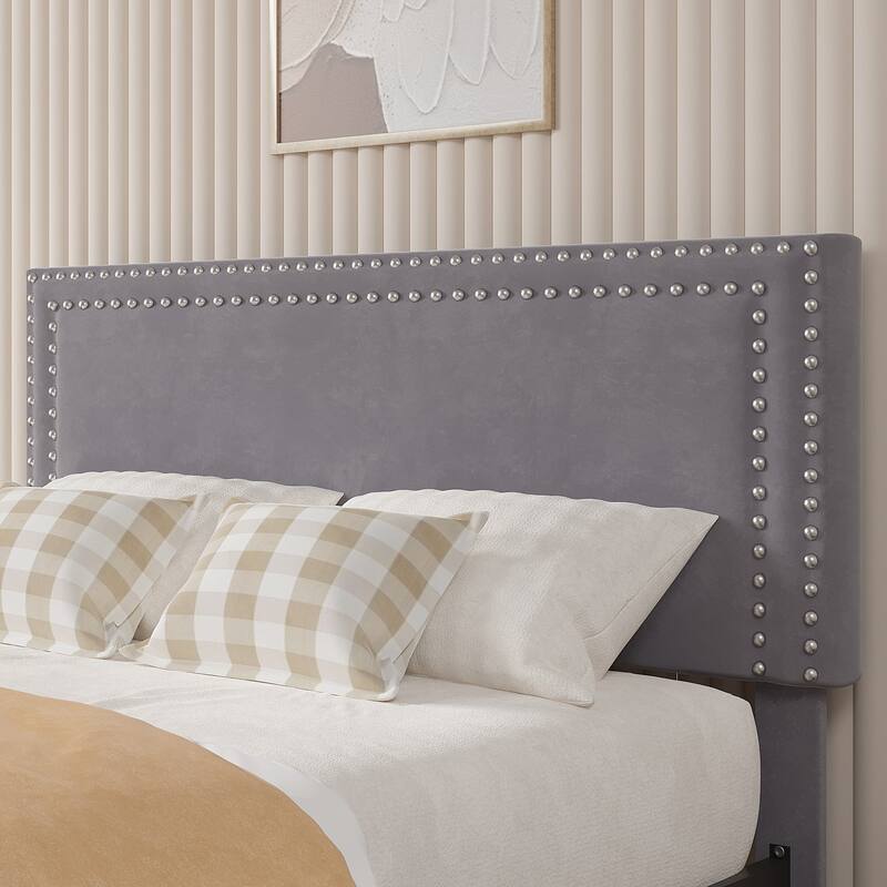 VECELO Upholstered Storage Bed Frames with 4 Storage Drawers, Platform Bed Frame with Adjustable Velvet Rivets Headboard