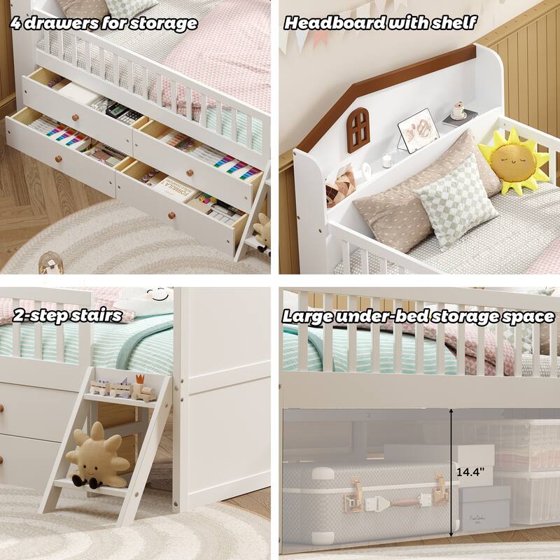 Roomfitters Twin Platform Bed Frame with Four Drawers, Wooden Kids Bed with Guardrail Headboard and Ladder