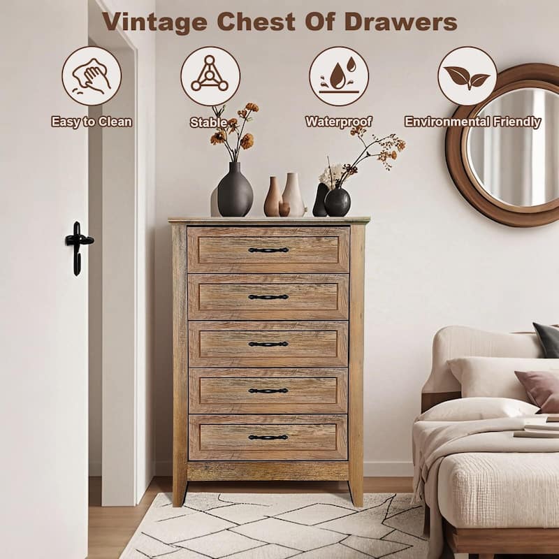 5 Drawers Dresser for Bedroom, Wood Tall Chset of Drawers, Farmhouse Dresser Chests with Metal Handle for Bedroom,Living