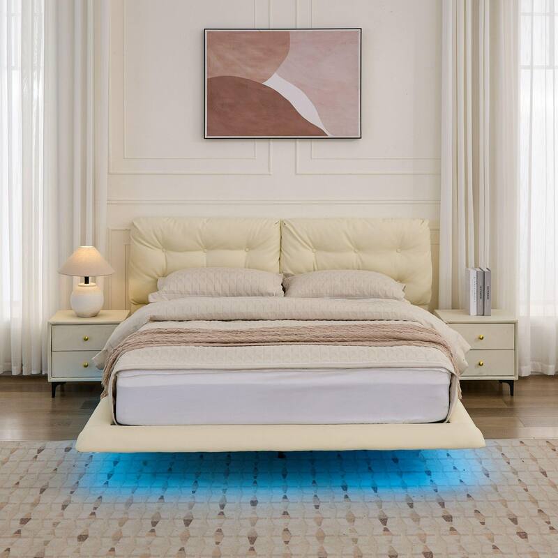 Queen Size LED Upholstered Platform Bed with Button-Tufted Headboard, Easy Assembly, No Box Spring Needed, White