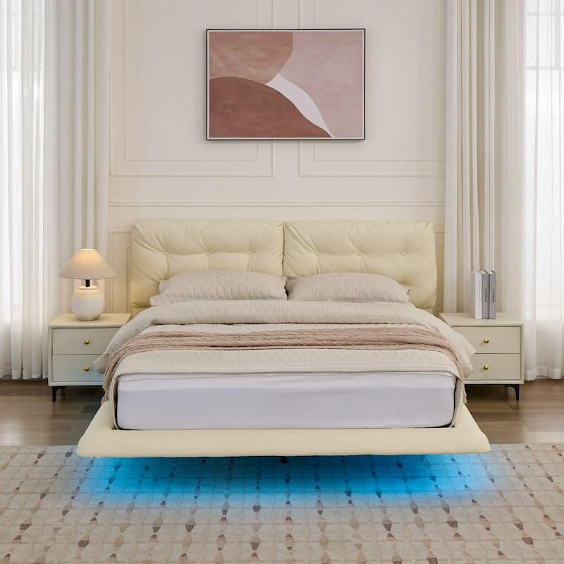 Queen Size Upholstered Floating Bed Frame with LED Lights, PU Leather Platform Bed with Button-tufted Headboard
