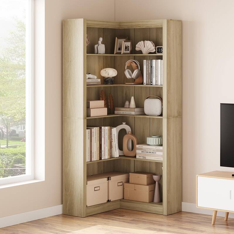 71.8" Tall Corner Bookshelf, 5-Tier L-Shaped Corner Bookcase, Modern Industrial Wood Display Storage Shelves for Living Room