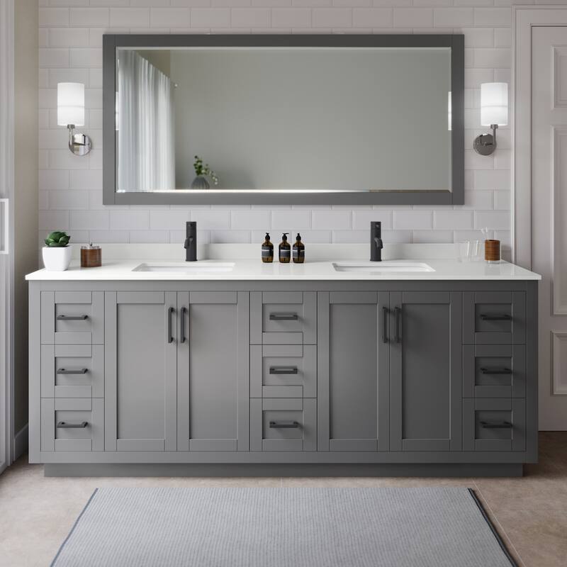 Wyndham Collection WCF292984D-QTZ-UNSM70 Miranda 84" Free Standing - Dark Gray / White Quartz Top / Matte Black