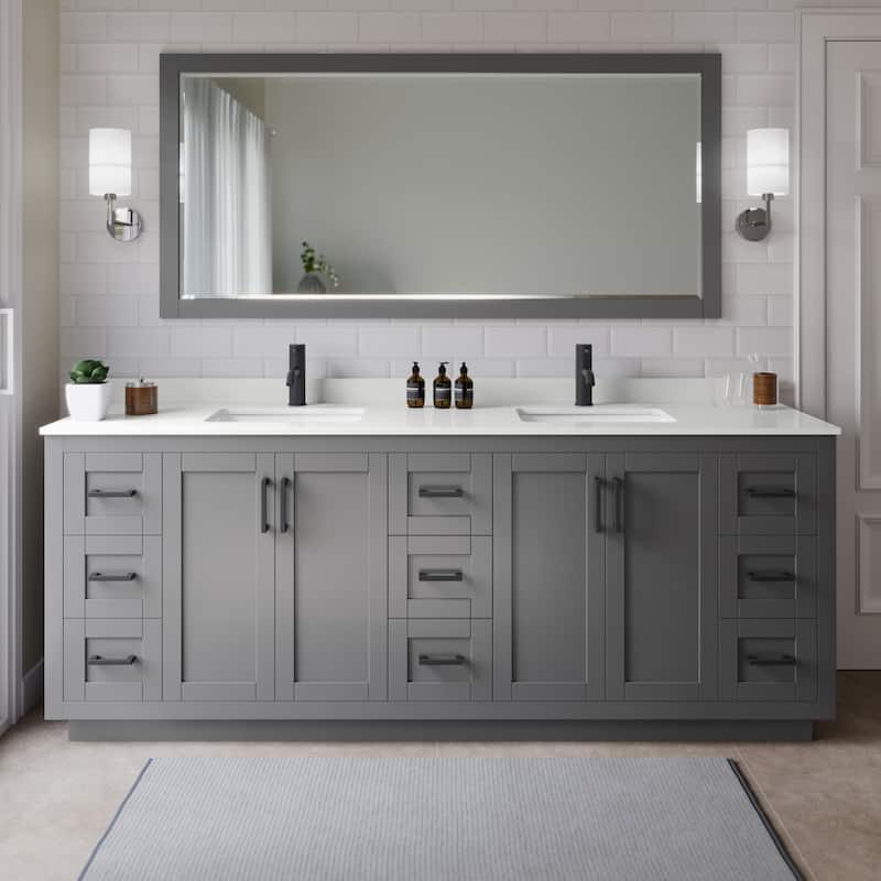 Wyndham Collection WCF292984D-QTZ-UNSMXX Miranda 84" Free Standing - Dark Gray / White Quartz Top / Matte Black