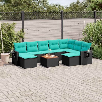 vidaXL 10 Piece Patio Sofa Set with Cushions Black Poly Rattan - 24.4" x 24.4" x 27.2"