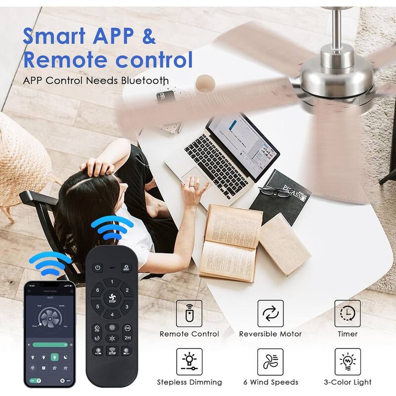 52" Indoor and Outdoor Ceiling Fan with Light Modern Ceiling Fan ,Remote and APP Conrol - 52 Inches
