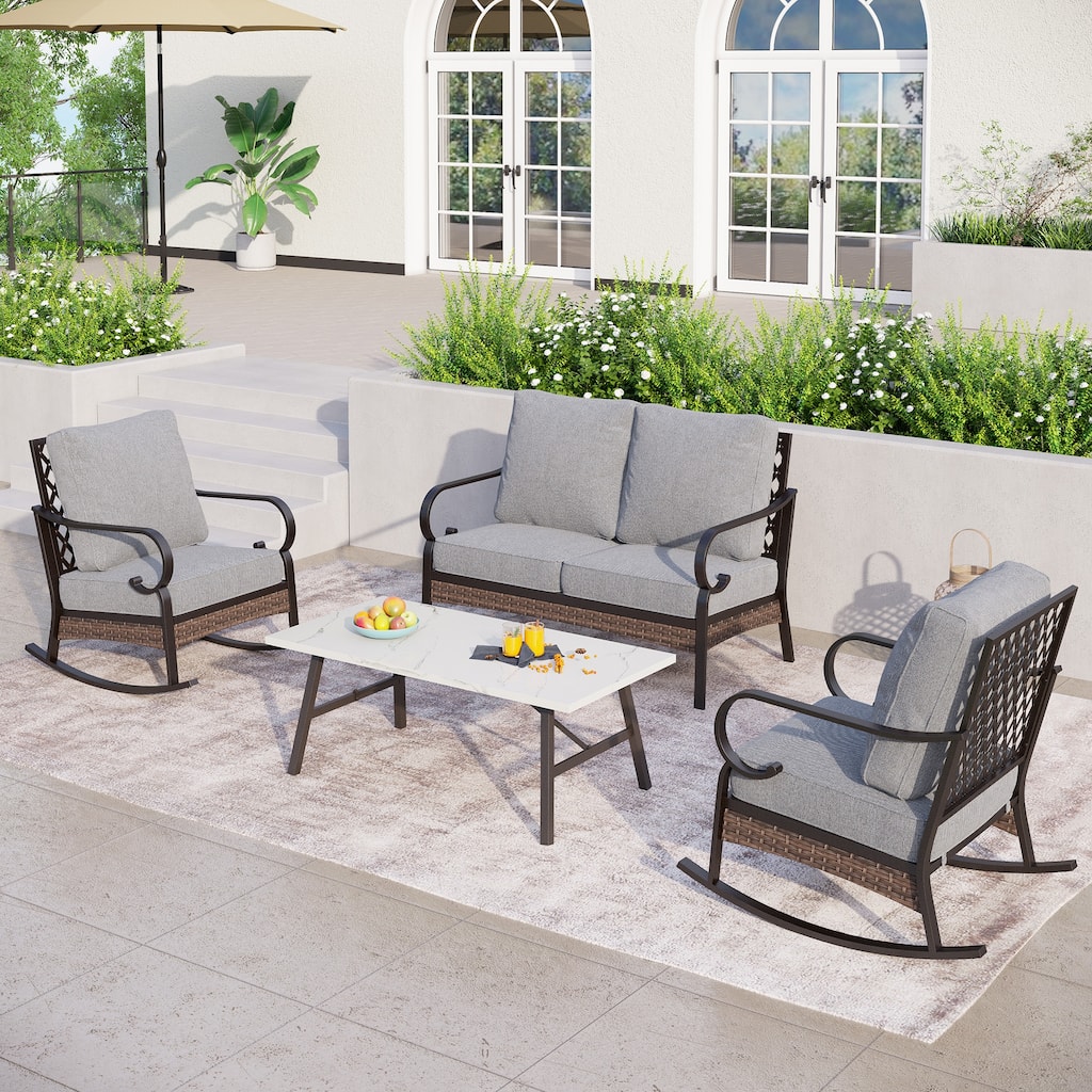 MAISON ARTS 4-Seat Patio Conversation Sets with 2 Rocking Sofa Chairs, 1 Loveseat Sofa and 1 Coffee Table