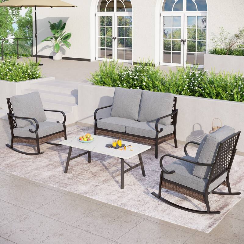 MAISON ARTS 4-Seat Patio Conversation Sets with 2 Rocking Sofa Chairs, 1 Loveseat Sofa and 1 Coffee Table - Grey
